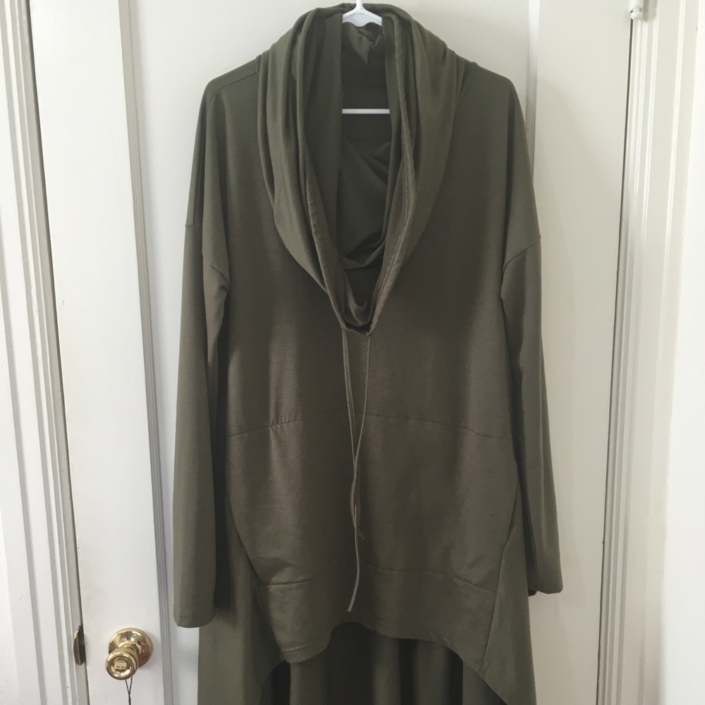 Olive green long pullover with hood/cowl.